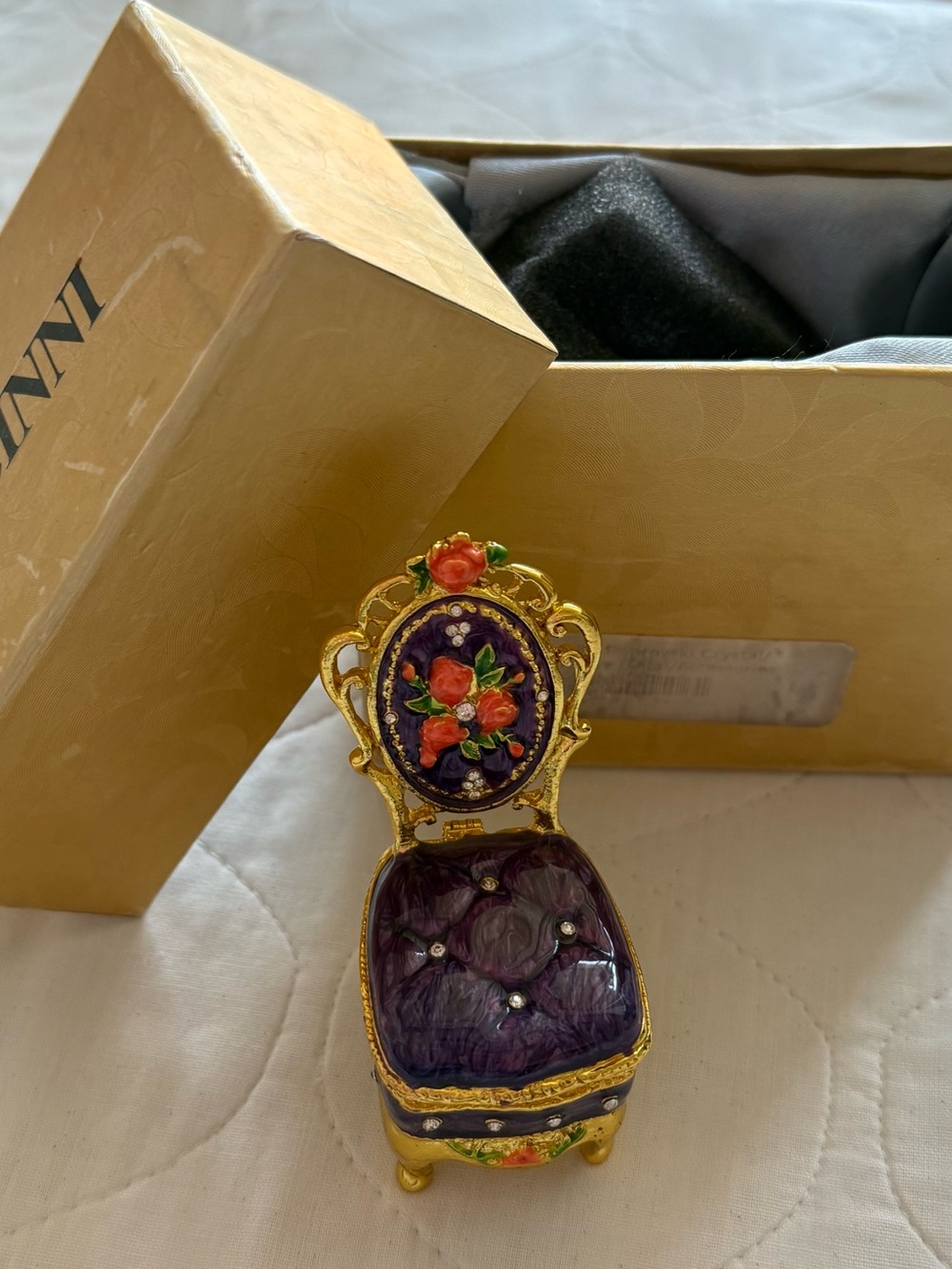 New in box - Chair - Purple Floral Enamel pillbox